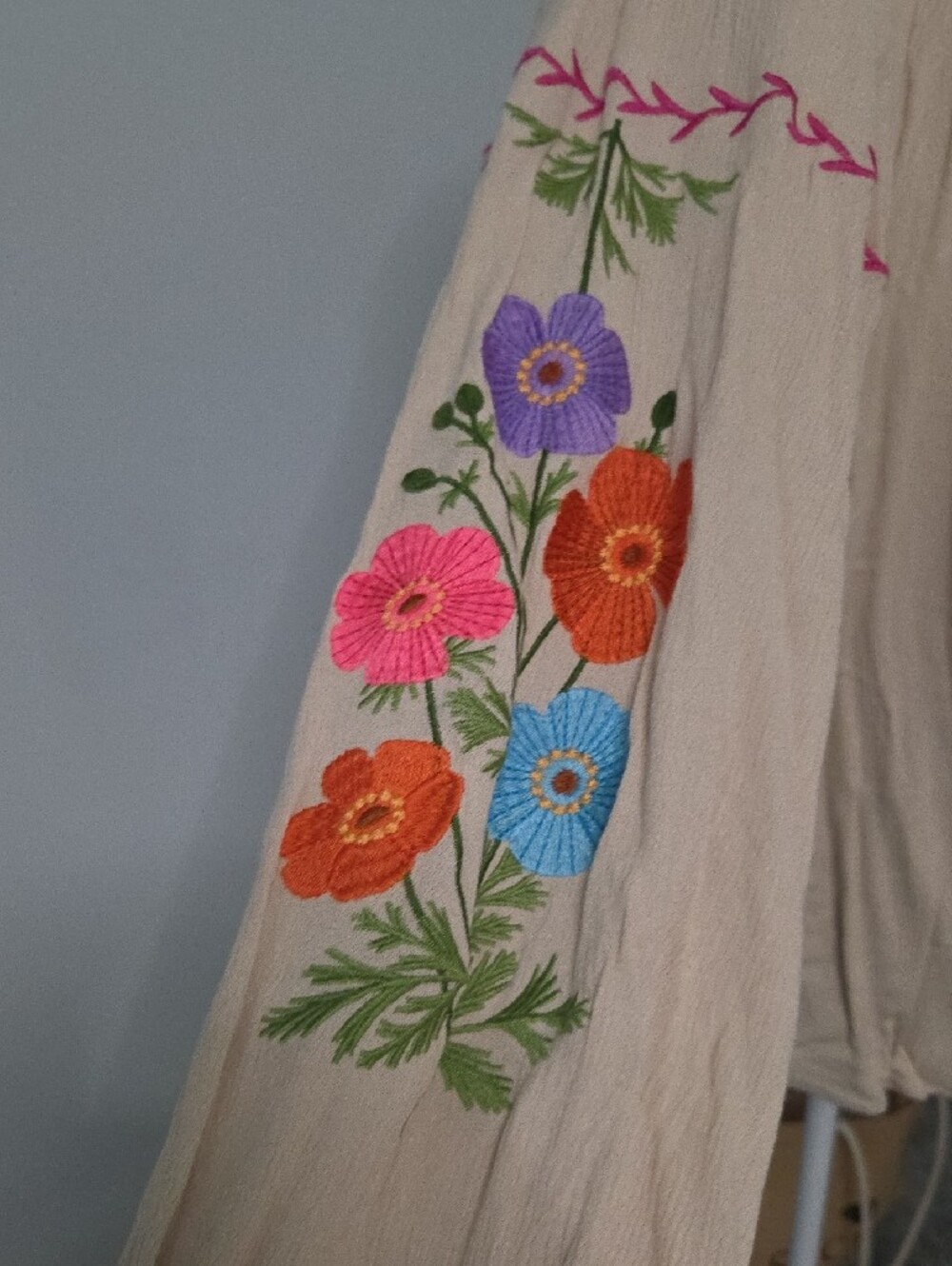 easel Beige Peasant Blouse with Bright Floral Embroidery - Picture 3 of 4